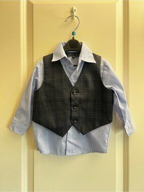 Andrew Fezza Boys' Black Plaid Vest with Light Blue Shirt Set